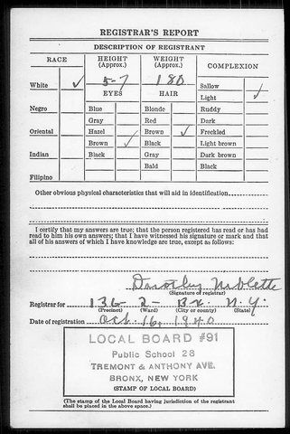 The reverse of the card describes him as 5 ft 7 in and 180 lb, with brown eyes, brown hair and a light complexion.