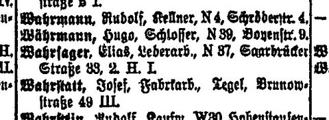 The Berlin address book for 1910: “Wahrsager, Elias”, leather worker, Saarbrücker Straße 33, Berlin N 37.