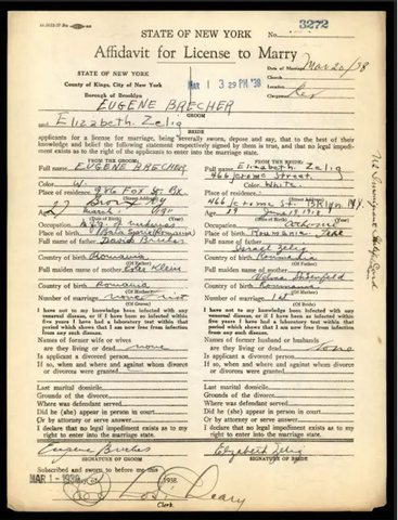 Affidavit for the marriage licence of Eugene Brecher and Elizabeth Zelig, Brooklyn, 1 March 1938, no. 3272.