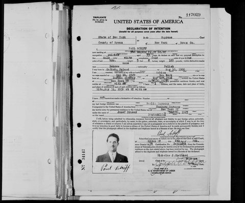 Paul Schiff’s Declaration of Intention, Bronx, 6 February 1934: born 10 May 1900 in Galicia; married Sabina Wahrsager on 14 December 1929.