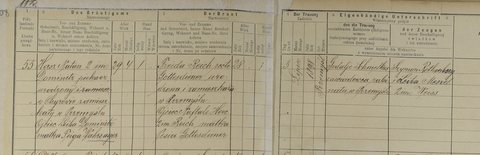 Marriage record of Hersz Natan Dominitz, a baker born in Chyrów, son of Leib Dominitz and Feiga Wahrsager, and Freida Reich (recte Gottesdiener), Przemyśl, 3 Ju