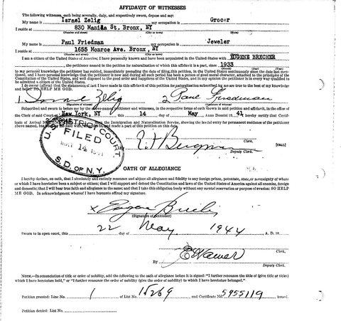 Eugene (Jenő) Brecher’s petition for naturalization no. 379085, page 2: his witnesses Israel Zelig, grocer, and Paul Friedman, jeweler; sworn 14 May 1941; oath 