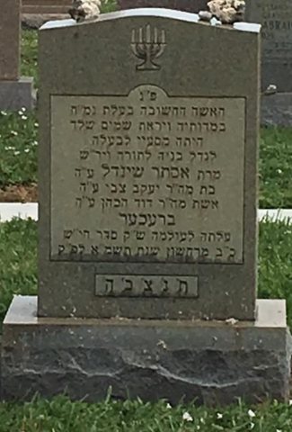 Esther Sheindel bat Yaakov Tzvi, wife of R’ Dovid HaKohen Brecher, who died on the Sabbath of Chayei Sarah, 22 Cheshvan 5741 (1 November 198