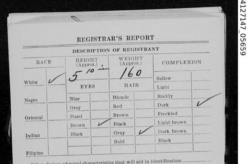 The reverse of the same card describes David Brecher as 5 ft 10 in tall and 160 lb, with brown eyes, gray hair and a dark complexion, wearin