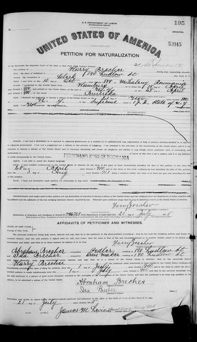 Harry Brecher's petition for American citizenship, New York, 21 July 1915.