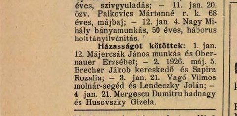 Felsőbánya register news: the marriage on 5 May 1926 of Jákob Brecher, merchant, and Rozália Sapira.