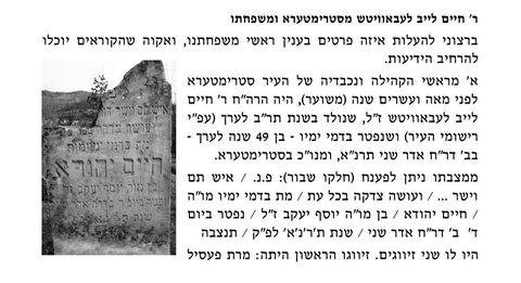Tombstone of R’ Chaim Yehuda (Chaim Leib) Lebovits, Strâmtura, d. 1891 — grandfather of Pesel Brecher née Kupferman.