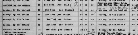 Detail of the same manifest: David Brecher bound for Congregation Bikur Cholim, 1080 Tiffany Street, Bronx; his sister Rosa named.