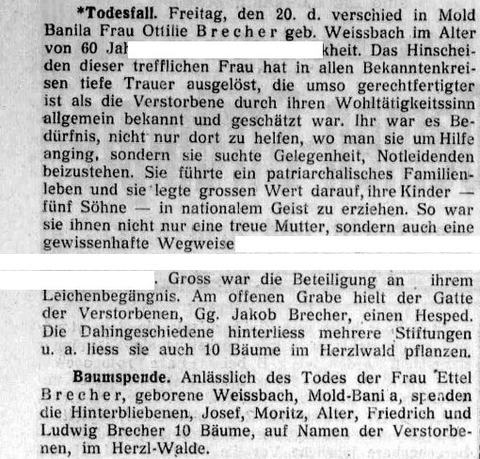 Ostjüdische Zeitung, 29 July 1928: Frau Ottilie Brecher née Weissbach died at Banila on Friday 20 July, aged 60; her husband Jakob Brecher gave the eulogy at he