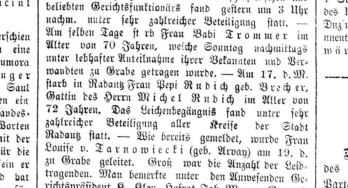 Notice of the death of Pepi Rudich, born Brecher, wife of Michel Rudich, at Rădăuți on 17 April 1906, aged 72 — a Brecher woman of Eisig’s generation in the sam