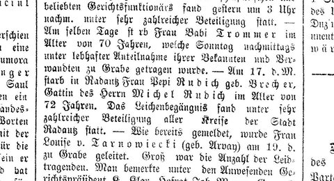 Notice of the death of Pepi Rudich, born Brecher, wife of Michel Rudich, at Rădăuți on 17 April 1906, aged 72 — a Brecher woman of Eisig’s g