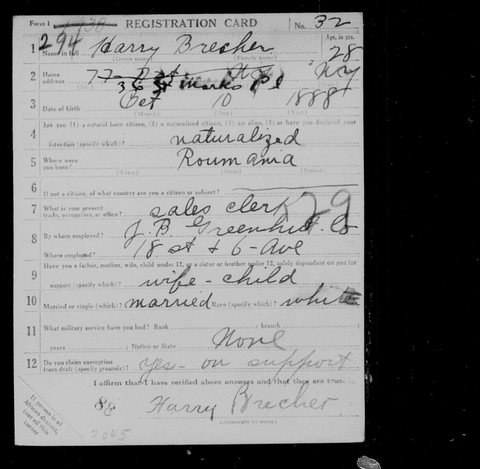 Harry Brecher's First World War draft registration card, New York, 5 June 1917: born 10 October 1888, a sales clerk at J. B. Greenhut Co., l