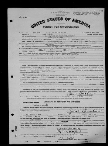 Petition for naturalization of Jacob (Leo) Brecher, Baltimore, filed 2 March 1927: born 15 September 1895 in Bukovina, arrived on the S.S. Rotterdam 19 January