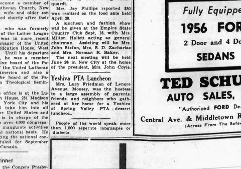 “Mrs. Lucy Friedman of Lenore Avenue, Monsey” hosts a Yeshiva of Spring Valley PTA luncheon, 1956.