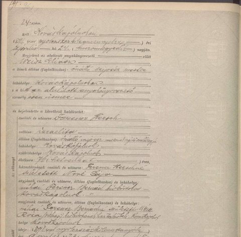 Kováskápolnok death act 24, 23 April 1898: Hersch Ferencz, aged 76, born at Kováskápolnok; wife Lája; parents the late Bernát Ferencz, smallholder, and Róza Wei