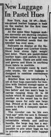 August 1948: at the National Luggage and Leather Goods Show in New York, Brecher Bros. introduce a “four-in-one” set of canvas bags that nest inside one another
