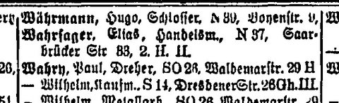 The Berlin address book for 1918: Elias Wahrsager, now “Handelsmann” (tradesman), still at Saarbrücker Straße 33.