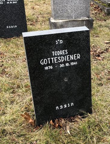 The grave marker of Todres (Theodor) Gottesdiener, 1876 [sic; born 4 October 1875] – 30 October 1941, son of HaRav Gavriel HaKohen Gottesdiener of Chyrów. Vienn