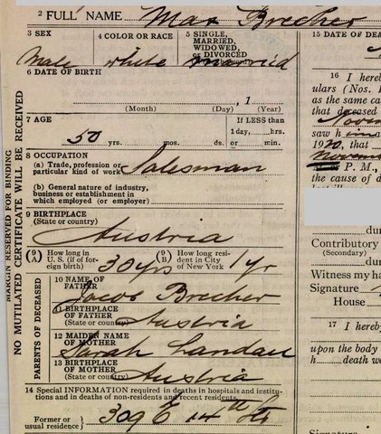 Max Brecher's death certificate, the Bronx, November 1920: a salesman of 50, born in Austria, son of Jacob Brecher and Sarah Landau.