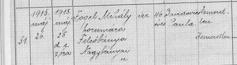 Felsőbánya death act 51, 25 May 1915: Mihály Fogel, innkeeper, aged 46, husband of Paula Davidovics; widower of Esther’s sister Berta.