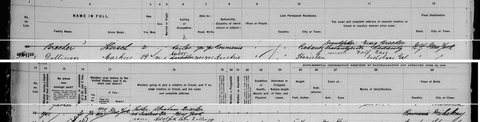 Hersch (Harry) Brecher, 21, a tailor from Rădăuți, on the passenger list of the SS Amerika, Hamburg to New York, May 1910. He names his gran