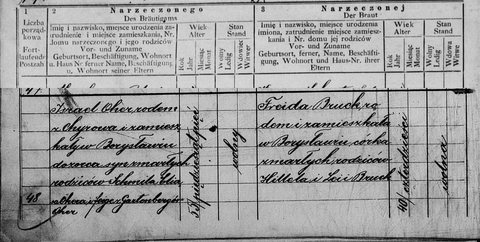 Marriage of Israel Oher, Borysław, 1906 (act 48): born in Chyrów, living in Borysław, a watchman, 55 and single, son of the late Schmil Eliasz Oher and Feige né