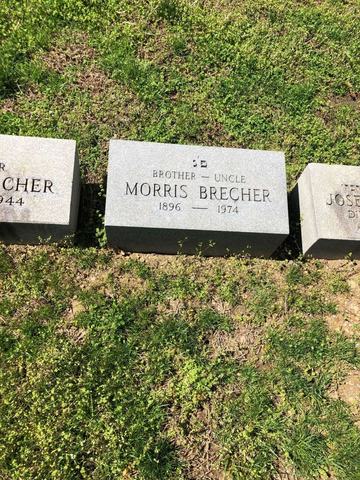 The Max Brecher family row at Mount Hebron Cemetery, Queens: the marker of Morris Brecher (1896–1974), son of Max and Eva, “Brother – Uncle”, with the edge of h
