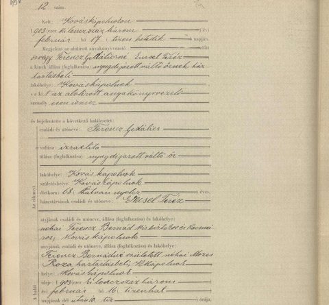 Death of Gedálics Ferencz, Kováskápolnok, 16 February 1903, son of the late Bernát Ferencz and Róza. A brother of Hersch Ferencz; possibly kin of Háni (Johanna)