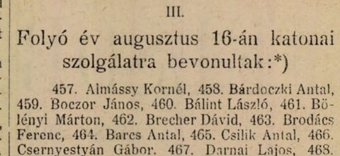 David Brecher among the Felsőbánya men called up for military service, 16 August 1915.
