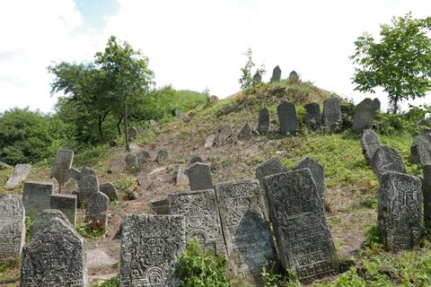 The Old Jewish Cemetery of Siret, with its carved 18th- and early 19th-century stones. The stones of Reuven Mordechai Brecher HaKohen (G-35), Rivka (Ruvtse) (BC