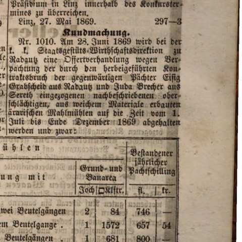 Notice of the state stud-farm administration at Rădăuți, June 1869: the mills formerly leased by Eisig Grabscheid of Rădăuți and Juda Breche