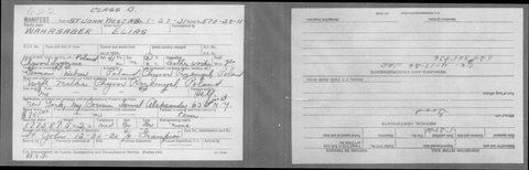 Elias Wahrsager’s border-crossing card, St. John, New Brunswick, 27 January 1921: born in Chyrów, Galicia; his wife Malka at home in Chyrów;