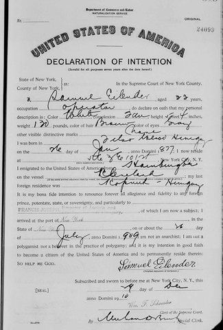 Samuel Eilender declares his intention to become a citizen, Supreme Court of New York County, 9 December 1910: born in Felső Visó, Hungary, 