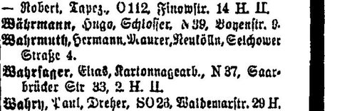 The Berlin address book for 1917: “Wahrsager, Elias, Kartonnagearbeiter” (cardboard-box worker), Saarbrücker Straße 33.