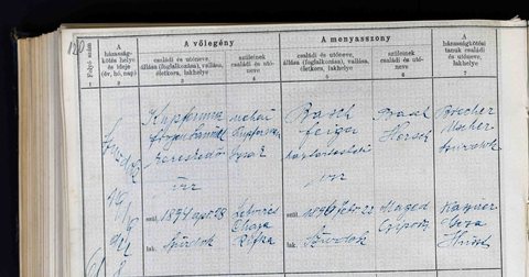 Marriage of Frojim Sámuel Kupferman, brother of Pesel Brecher, and Feiga Basch, Szurdok (Strâmtura), 1919, civil act 61. His parents are written as the late Izs