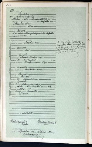 Birth of Freida Brecher, 23 October 1904, at Szurdok (Strâmtura), daughter of Uszer (Asher) Brecher, dealer, born at Siret in Bukovina, and 