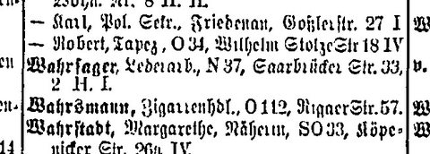 The Berlin address book for 1909: “Wahrsager, Elias”, leather worker, Saarbrücker Straße 33, Berlin N 37. He is listed at the same address e