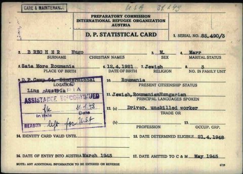 Hugo Chaim Brecher’s refugee registration card, Linz, Austria, 1948.