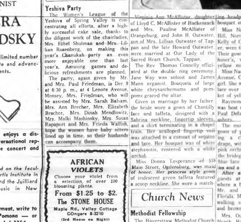 Paul and Lucy Friedman open their home at 4 Lenore Avenue, Monsey, for the yeshiva women’s Chanukah party, December 1958; Mrs. Ann Brecher i