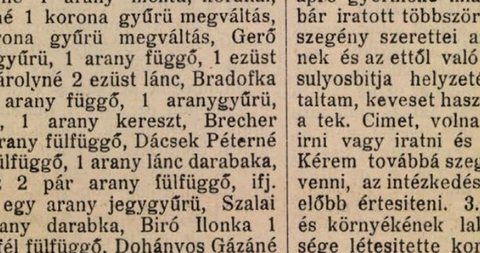 The gold collection for the war: “Brecher Dávidné egy pár arany fülfüggő” — Mrs David Brecher, a pair of gold earrings, September 1914.
