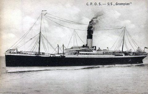 The Allan Line steamer S.S. Grampian on a postcard of about 1907. Elias Wahrsager crossed from Antwerp to Saint John, New Brunswick, on her in December 1920, wh