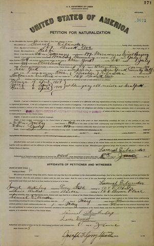 Samuel Eilender’s Petition for Naturalization no. 3671, Supreme Court Bronx County, filed 8 June 1915 (page 1): 169 Brook Avenue, the Bronx; a rabbi; born 26 Ja