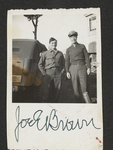 Nicholas (Mickey) Brecher in the Second World War, 1943, from his wartime photo album: the soldier on the left, beside the film comedian Joe