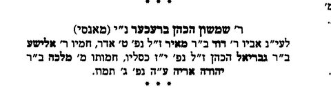 Memorial dedication by Shimshon HaKohen Brecher of Monsey in the New York reprint of the responsa Leḥem Shelomo (Yoreh De’ah) by Rabbi Shlom
