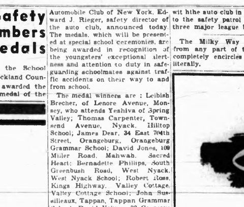 “Leibish Brecher, of Lenore Avenue, Monsey, who attends Yeshiva of Spring Valley” among the county’s fire-prevention medal winners, 1956.