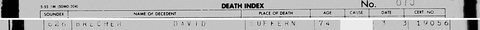 David Brecher's entry in the New York State death index for 1955: died at Suffern, Rockland County, on 3 March 1955, aged 74; certificate no