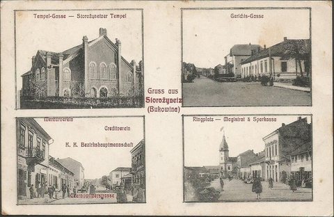 Storozynetz (Storojineț), Bukovina: a picture postcard of about 1915 with views of the town, among them the synagogue. Selig and Feige Rudich were buried in New