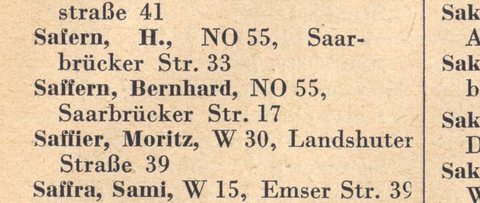 The same book, 1931/32: H. Safern at Saarbrücker Straße 33 and Bernhard Saffern at no. 17.