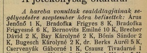 Payments for September 1914 toward aid for the families of men at the front: Brecher [Dávid], two crowns.