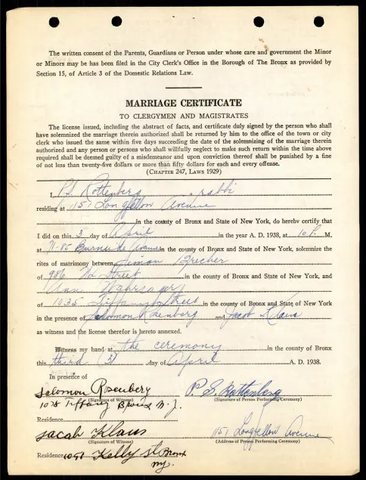 Certificate of the marriage of Alex (Shimshon) Brecher and Anne Wahrsager, Bronx, 3 April 1938, no. 1991.